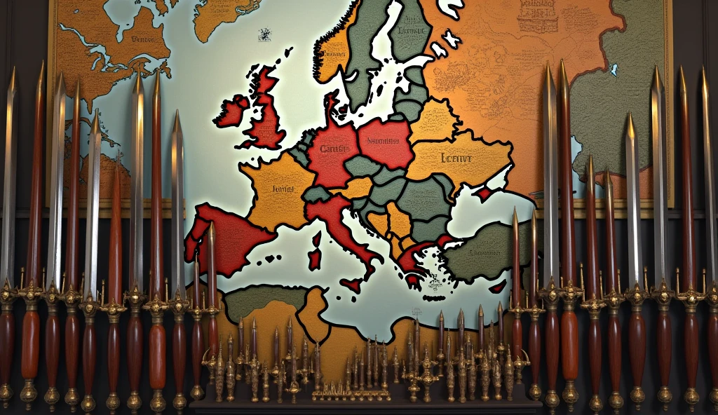 A detailed image featuring medieval weapons such as English longbows and swords, placed alongside a medieval map of Europe. The scene highlights how warfare drove innovations in technology and military strategy. The style is inspired by Edmund Blair Leighton, with intricate details and a focus on the historical context, combining the tools of war with the geographical landscape of the time., Surrealism, Hyperrealism, UHD, retina, masterpiece, accurate, anatomically correct, textured skin, super detail, high quality, 16k