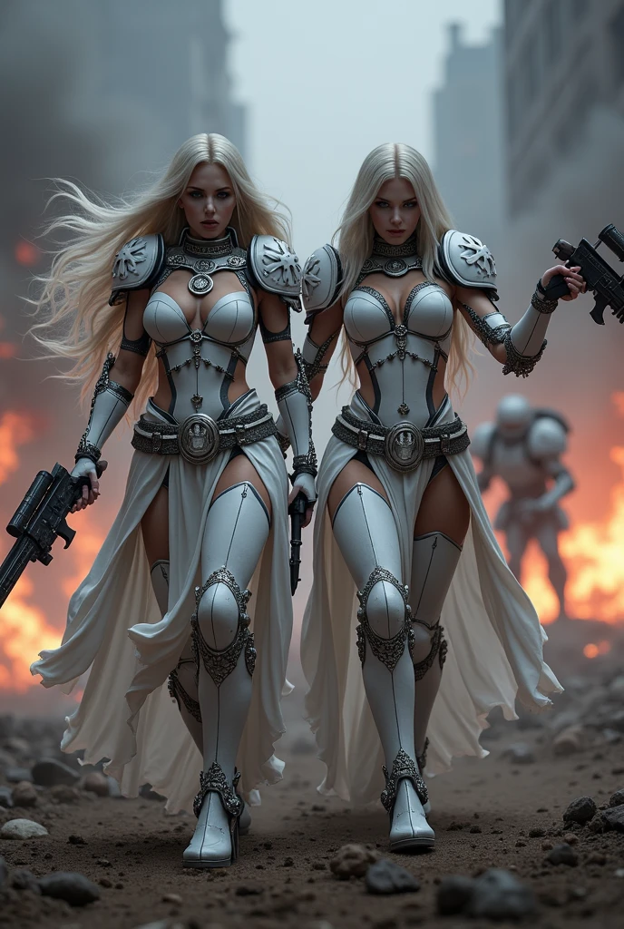 Full body pose sexy sisters of battle from the warhammer 40k, white armor with intricate details, religous symbols on the armor, sisters of battle, warhammer 40k, Massive silicone breast, pale skin, seductive, temptation, eat your soul, clevage, xtremely long flowing neon white hair, xtremely long flowing neon white hair, heavy gothic makeup, at night, neon, beautiful detailed eyes, beautiful detailed lips, extremely detailed eyes and face, long eyelashes, highly detailed armor, intricate futuristic weaponry, dramatic lighting, cinematic composition, muted color palette, gritty and realistic, mecha, science fiction, hyper-detailed, photorealistic, award winning digital art, 8k, HDR, masters work, in the middle of a battle field, full body combat action pose, explosions and fire around, full war, stunning, Stilleto heels, high heels, full body pose, cinematic, movie trailer, final stand!, nemesis, ready to strike, dust and debree, combat screams, attacking. shooting at the enemy, running forward, last line of defense, charging, fanatic, religious, templar knights, sisters of battle, warhammer 40k