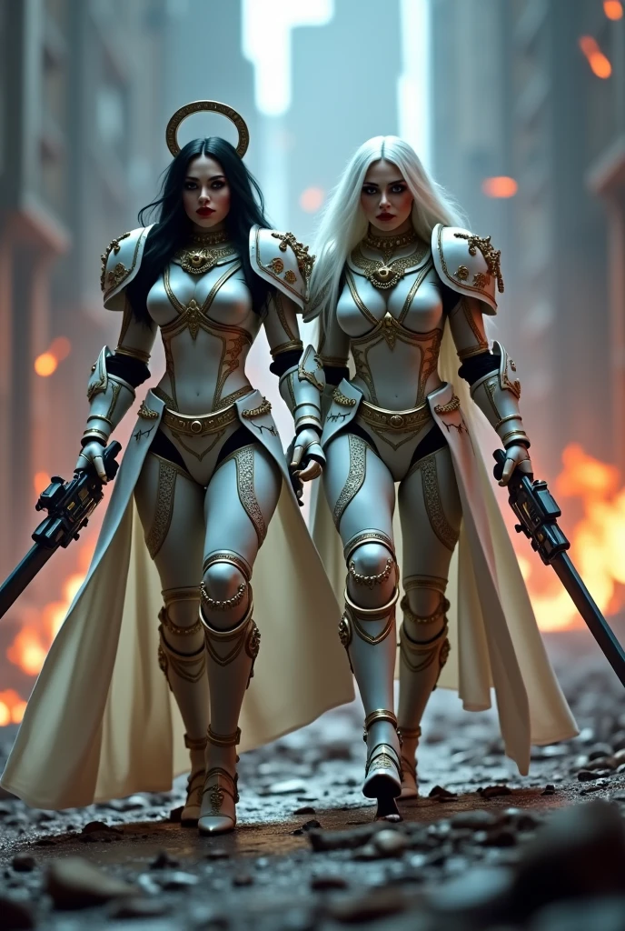 Full body pose sexy sisters of battle from the warhammer 40k, white armor with intricate details, religous symbols on the armor, sisters of battle, warhammer 40k, Massive silicone breast, pale skin, seductive, temptation, eat your soul, clevage, xtremely long flowing neon white hair, xtremely long flowing neon white hair, heavy gothic makeup, at night, neon, beautiful detailed eyes, beautiful detailed lips, extremely detailed eyes and face, long eyelashes, highly detailed armor, intricate futuristic weaponry, dramatic lighting, cinematic composition, muted color palette, gritty and realistic, mecha, science fiction, hyper-detailed, photorealistic, award winning digital art, 8k, HDR, masters work, in the middle of a battle field, full body combat action pose, explosions and fire around, full war, stunning, Stilleto heels, high heels, full body pose, cinematic, movie trailer, final stand!, nemesis, ready to strike, dust and debree, combat screams, attacking. shooting at the enemy, running forward, last line of defense, charging, fanatic, religious, templar knights, sisters of battle, warhammer 40k