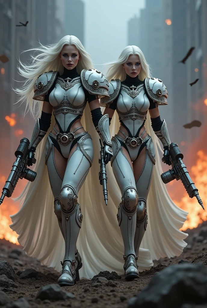 Full body pose sexy sisters of battle from the warhammer 40k, white armor with intricate details, religous symbols on the armor, sisters of battle, warhammer 40k, Massive silicone breast, pale skin, seductive, temptation, eat your soul, clevage, xtremely  long flowing neon white hair,   xtremely  long flowing neon white hair, heavy gothic makeup, at night, neon, beautiful detailed eyes, beautiful detailed lips, extremely detailed eyes and face, long eyelashes, highly detailed armor, intricate futuristic weaponry, dramatic lighting, cinematic composition, muted color palette, gritty and realistic, mecha, science fiction, hyper-detailed, photorealistic, award winning digital art, 8k, HDR, masters work, in the middle of a battle field, full body combat action pose, explosions and fire around, full war, stunning, Stilleto heels, high heels, full body pose, cinematic, movie trailer, final stand!, nemesis, ready to strike, dust and debree, combat screams, attacking. shooting at the enemy, running forward, last line of defense, charging, fanatic, religious, templar knights, sisters of battle, warhammer 40k