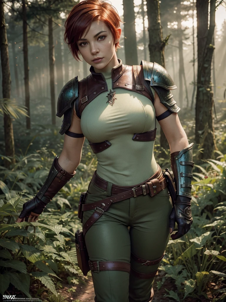 slim feminine figure, redhead, best quality, realistic skin texture, photography, film grain texture and high contrast, extremely high-resolution details, photographic, photorealistic, hyper-realistic, HDR, masterpiece, ((short pixie hair)), dressed up as a hunter from world of warcraft, full hunter armor, a green lust forest in the background, brown pants, armored shoulder-pads