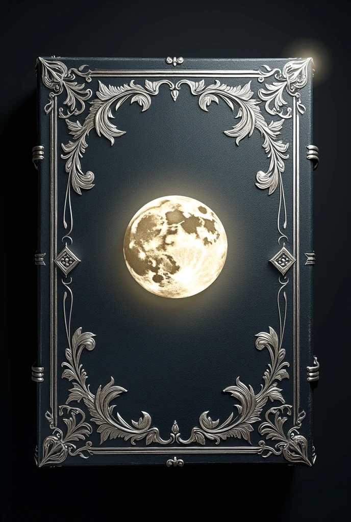 a grimoire engraved in silver with sprigs of small vine leaves on the four corners of the cover and in its center a full moon