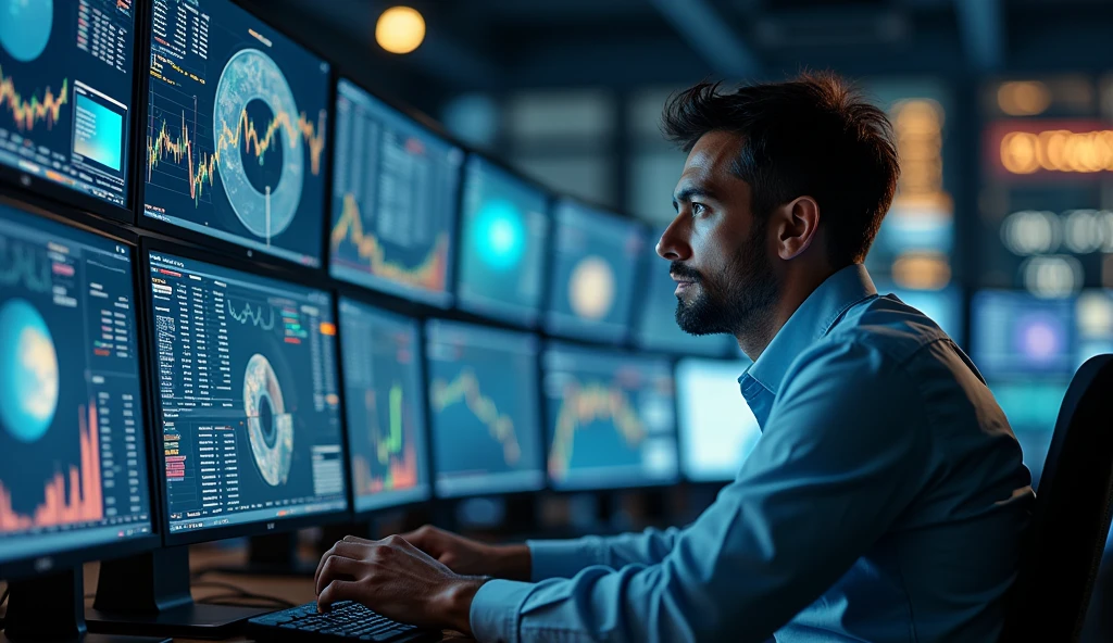 "A trading desk with multiple monitors showing stock charts and planetary movements. A trader is seen analyzing the data with focus and determination, with planets subtly integrated into the charts. --ar 16:9"