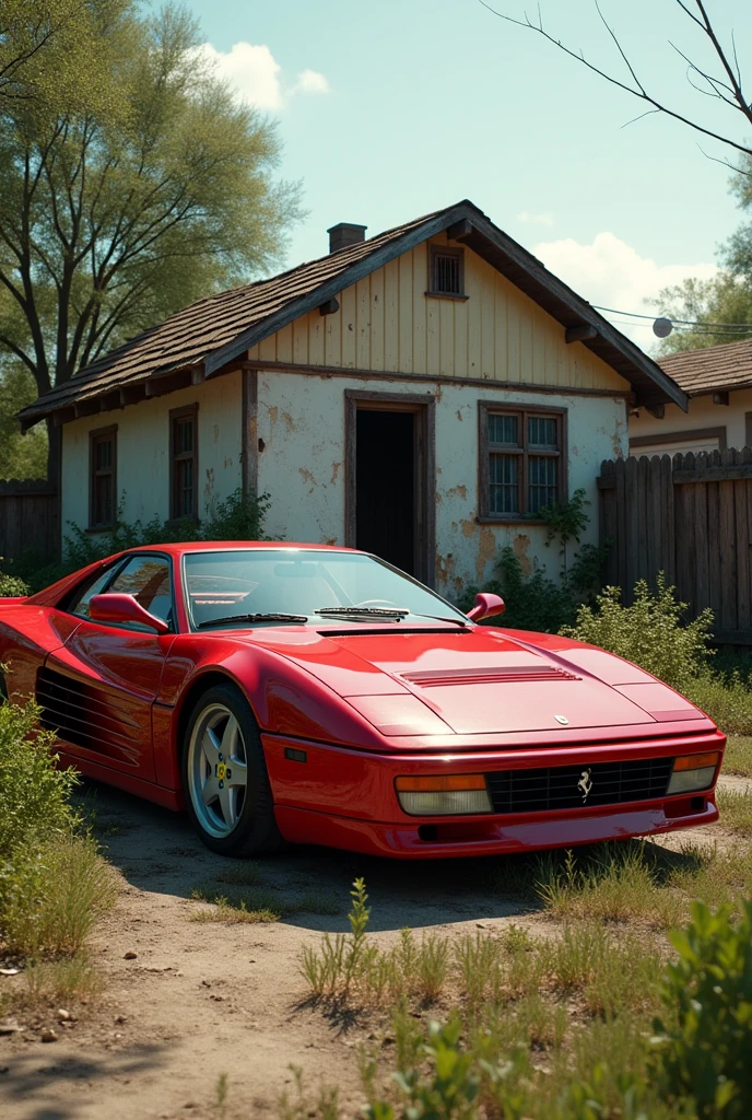 A Ferrari in front of a house "poor"