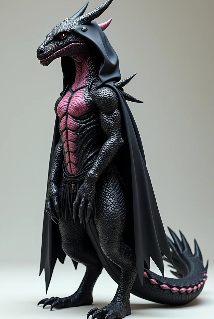 semi-anthropomorphic dragon with hood and loincloth, standing on two legs full body, semi-curved and with black scales with few pink details