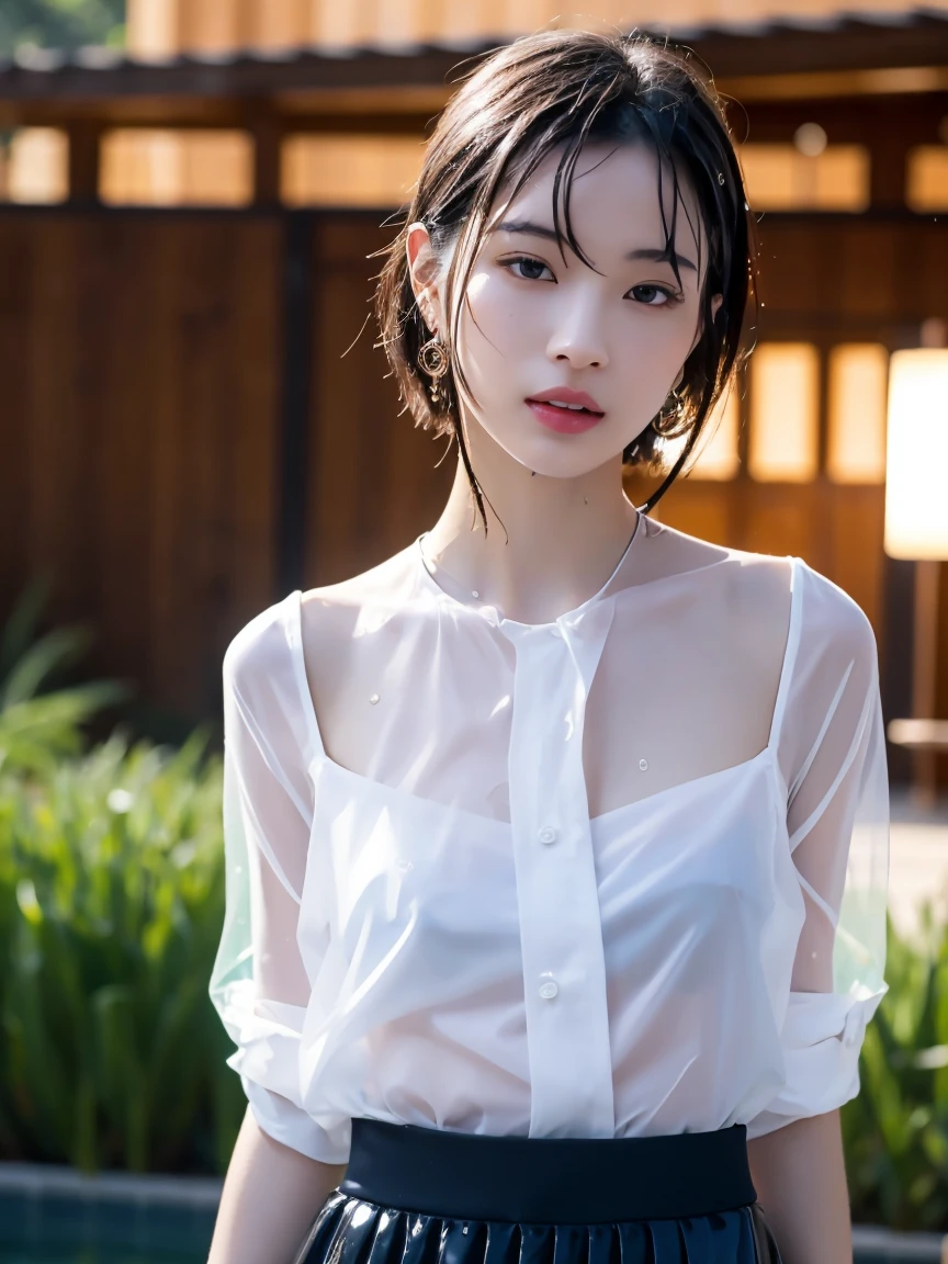 masterpiece:1.2, Very detailed, Ultra-high resolution, Realistic, photo Realistic:1.6, High-resolution RAW color photos, Professional photos, Sharp focus:1.2, Very detailed顔と肌の質感, Very beautiful eyes, Glossのある肌, Glowing Skin, Glowing Skin, Shining Face, Gloss, Oily skin, greasy face, Oily skin, greasy face,, real Glossのある肌 texture, Perfect Anatomy, Very detailed背景,(Luxury resort at night),1 female,2 woman, Japanese women,height: 168cm,short hair, Straight hair, bangs, Brown Hair,((Flat Chest:1.6)), (See-through white sleeveless shirt、See-through white mini skirt,Sexy T-panties under skirt),(A wet and very transparent shirt:1.6)、(A wet and very transparent skirt:1.6),(Shirt with open front:1.5),Luxury earrings、Luxury Necklace、A wet and very transparent shirt、A wet and very transparent shirt、A wet and very transparent skirt、A wet and very transparent skirt、Invite to sex
