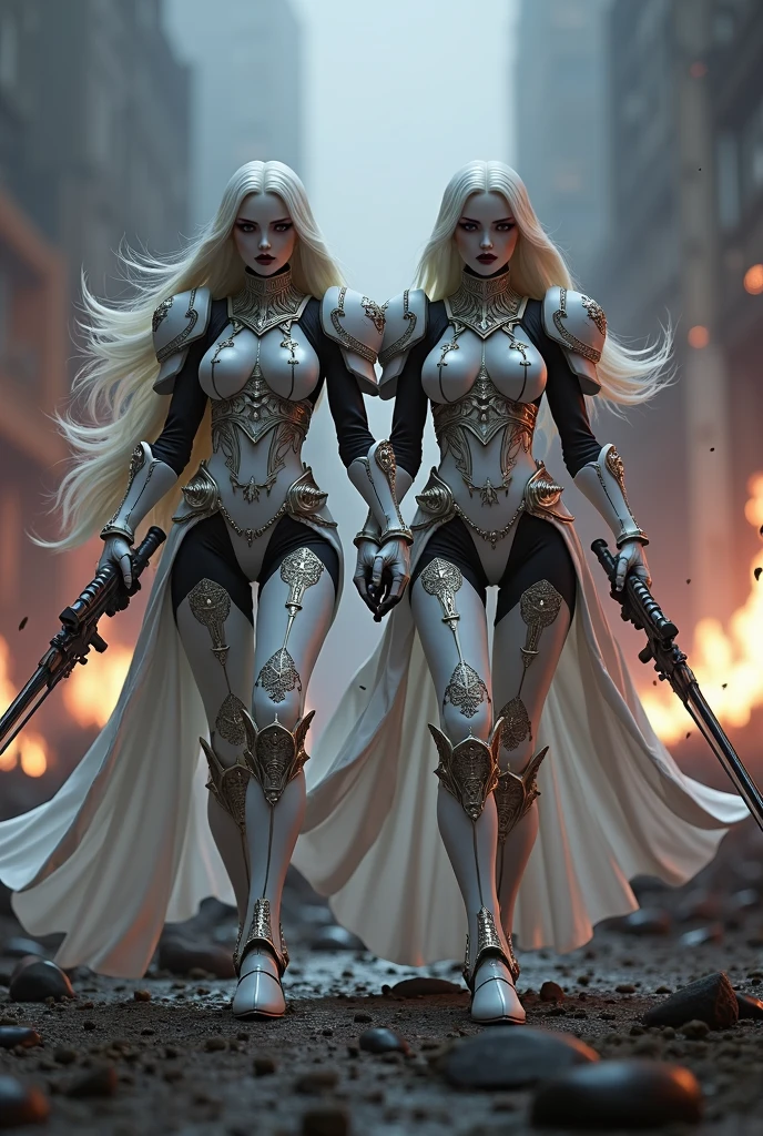 Full body pose sexy sisters of battle from the warhammer 40k, white armor with intricate details, religous symbols on the armor, sisters of battle, warhammer 40k, Massive silicone breast, pale skin, seductive, temptation, eat your soul, clevage, very long flowing neon white hair,  very long flowing neon white hair, heavy gothic makeup, at night, neon, beautiful detailed eyes, beautiful detailed lips, extremely detailed eyes and face, long eyelashes, highly detailed armor, intricate futuristic weaponry, dramatic lighting, cinematic composition, muted color palette, gritty and realistic, mecha, science fiction, hyper-detailed, photorealistic, award winning digital art, 8k, HDR, masters work, in the middle of a battle field, full body combat action pose, explosions and fire around, full war, stunning, Stilleto heels, high heels, full body pose, cinematic, movie trailer, final stand!, nemesis, ready to strike, dust and debree, combat screams, attacking. shooting at the enemy, running forward, last line of defense, charging, fanatic, religious, templar knights, sisters of battle, warhammer 40k