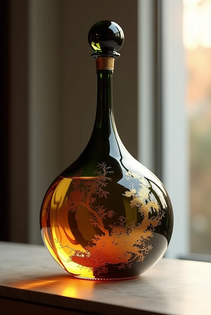 A product photo of a wine decanter,Round bottle,Trendy bottle design,The surface is streamlined glass,Colored glass material,Elegant,artistic silhouette,High-end elegance,There is a small part of golden Chinese medicine pattern on the surface,high quality,surreal style
