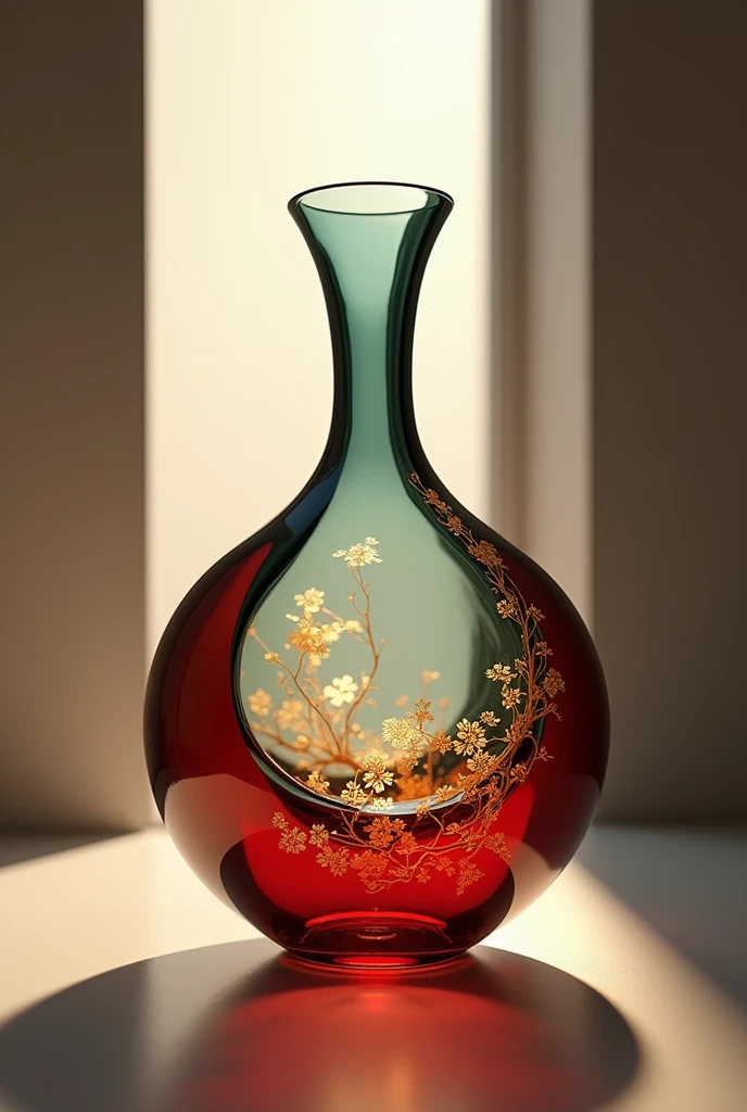A product photo of a wine decanter,Round bottle,Trendy bottle design,The surface is streamlined glass,Colored glass material,Elegant,artistic silhouette,High-end elegance,There is a small part of golden Chinese medicine pattern on the surface,high quality,surreal style