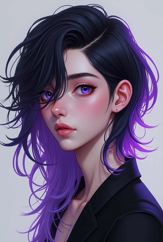 Boy with long, two-tone hair, left side purple and right side black, effeminate male face