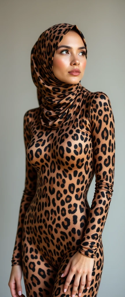 the beautiful,slender thin and prettiest Malaysian muslimah adult girl with beautiful cheeks wears leopard print lycra turtleneck unitard catsuit covered with black seamless spots and always wear leopard print lycra elastane stretchy dancewear hijab covered with black seamless spots.