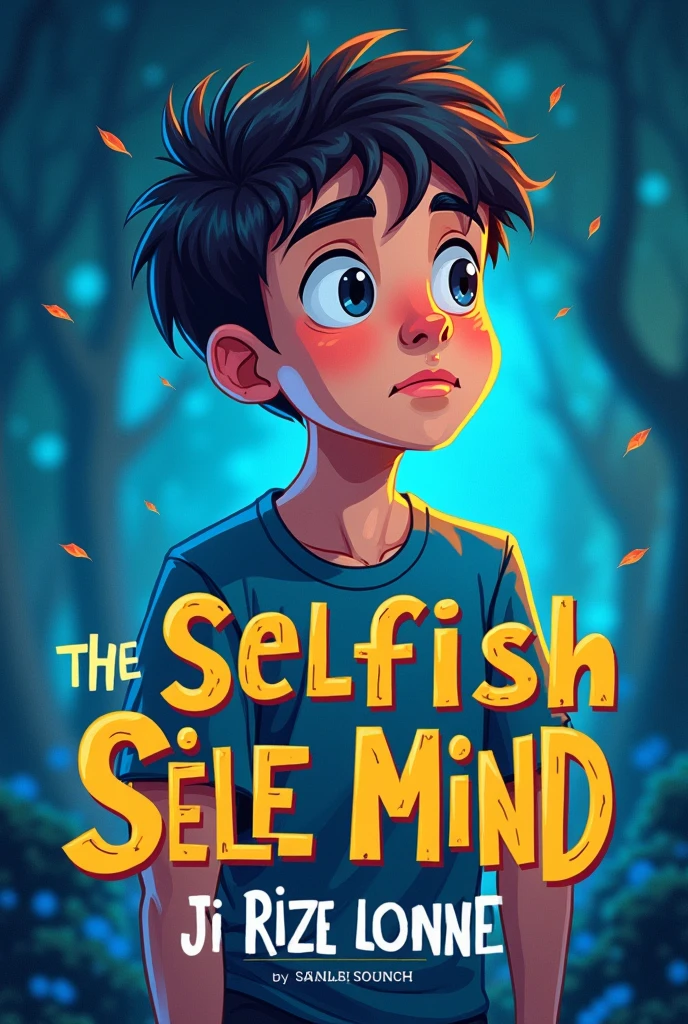 Create a book cover with blue and orange colors, with the title "selfish mind", with author name Darek Belmar at the bottom, with a age boy in the background looking to the left, animated style but more cartoonish
