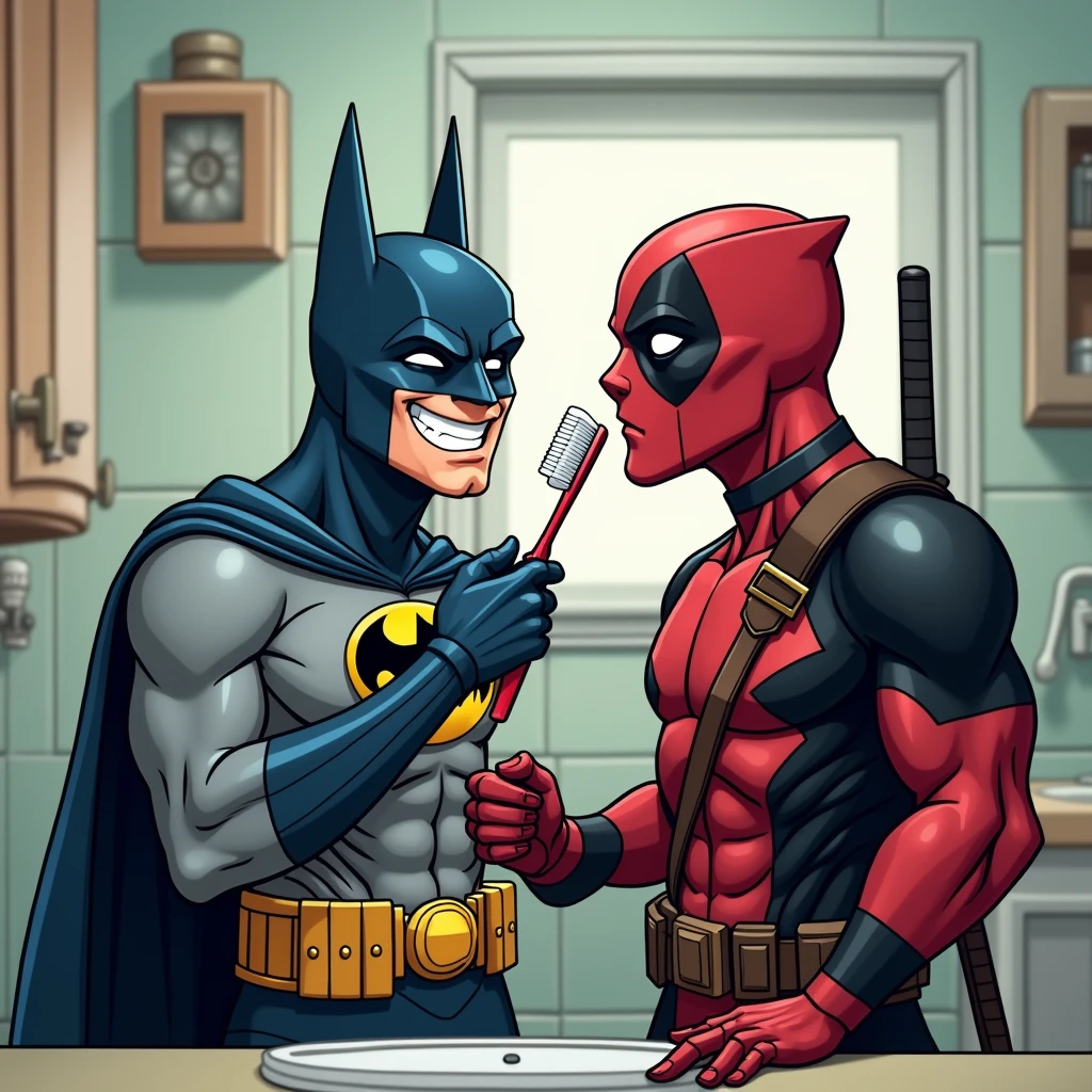 This photo shows a light-hearted and somewhat humorous scene in which Batman, with his big, toothy smile, is leaning in close, holding a toothbrush, adding a fun twist to an otherwise normal family moment. The contrast between Deadpool frightening appearance and the everyday activity of brushing teeth creates a quirky and memorable image.