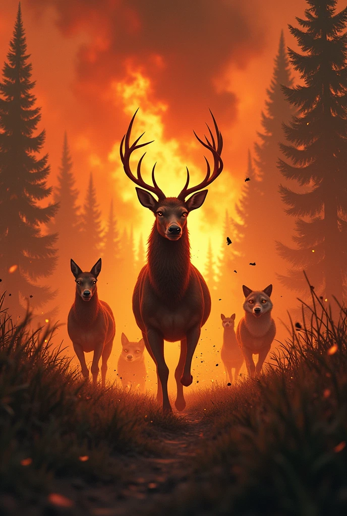 burning forest, animals running and scared, air pollution
