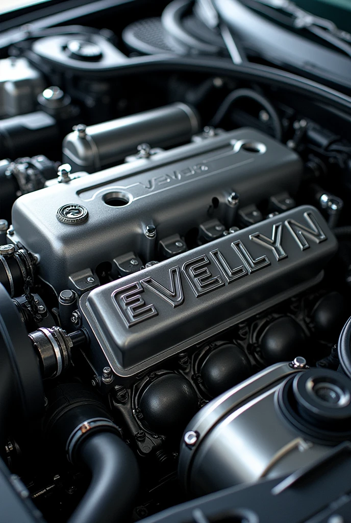 Car engine with the word Evellyn written on top of the engine block with relief on the letters