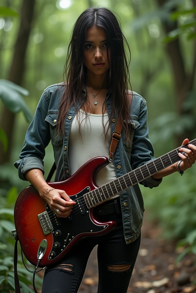 A very beautiful and glamorous 3 mature musician、She's lost in the jungle with her muddy, worn-out, muddy Fender electric guitar.、A tattered, ripped, muddy denim shirt and a white tank top、Black tight pants and muddy lace-up boots、dark brunette One-length Perfectly straight very long wet Messy hair,A bruised and exhausted face and body、Very large, pendulous breasts、a perfect glamorous mature woman's proportions、super realistic mature's body and skin,very huge sagging tits,very glamorous sexy figure,A very large cleavage、Torn clothing soaked with blood from abrasions and scrapes all over the body、