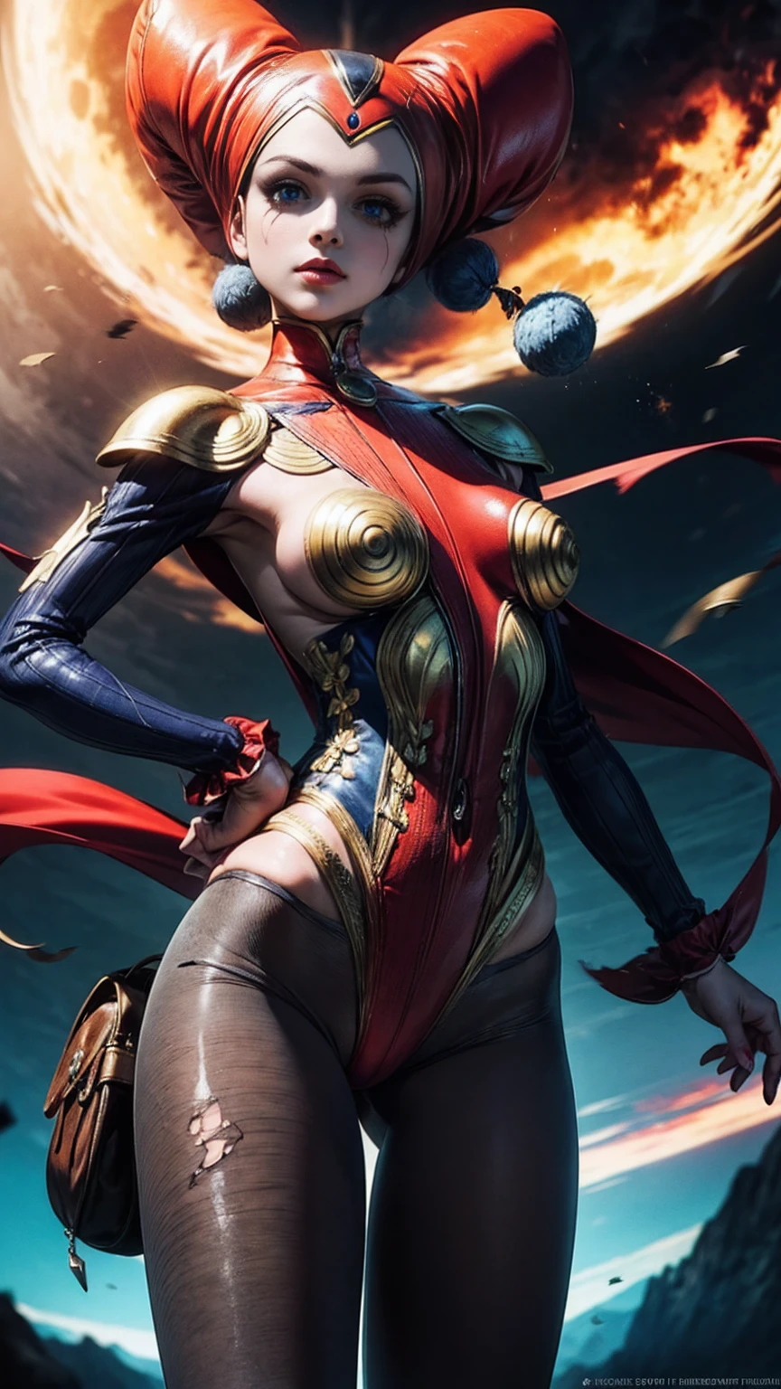 Harle (Chrono Cross), 1girl, slender acrobatic build, (small bust), torn harlequin outfit, torn_high_cut_unitard, torn lacy leggings, fighting poses, full length portrait, (wide angle:1.32), dramatic lighting, cinematic composition, color harmony, hyper-detailed, detailed face, beautiful eyes, dimensional vortex in background, 8k, masterpiece, intricate clothing details, [no bra], strong_negative 