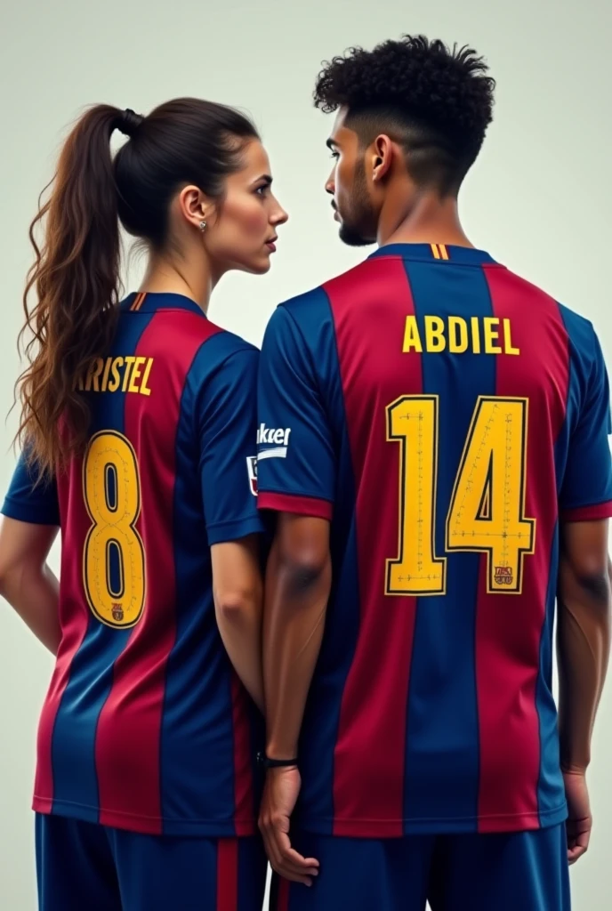 Woman and man from behind with the Barcelona shirt number 8 and 14 named Kristel and Abdiel and the woman with her hair tied to one side so that her names can be seen 