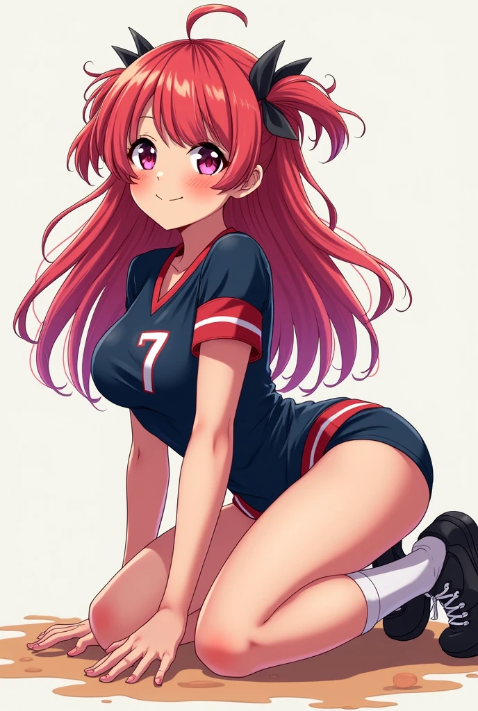 Hot anime girl wearing volley ball short and shirt hook sitting big hips