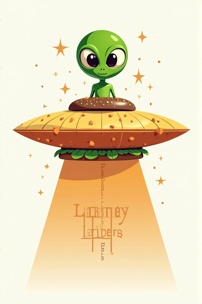 A logo for a hamburgers business called "Looney Burguers". The main element is a green alien with large eyes. The alien is standing on a UFO-shaped spaceship that is a hamburger. The text "Looney Burguers" is written on the spaceship. There is not background