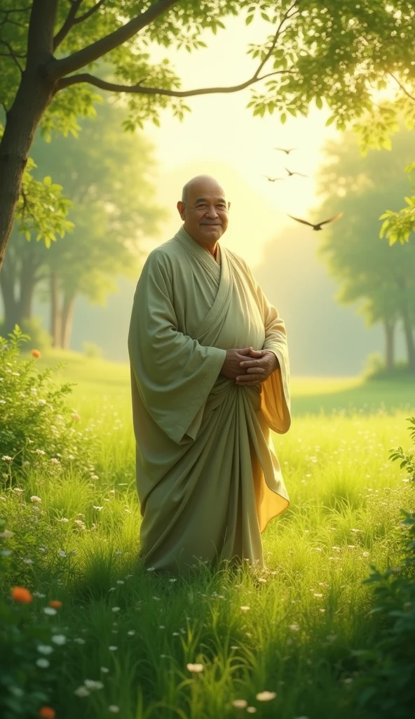 The round-bellied figure stands quietly in a lush, green field, the golden light of dawn casting a soft glow over his rounded form. His simple, yet dignified attire rustles gently in the morning breeze. The surrounding nature, vibrant and alive, seems to embrace him—trees sway gently, and birds sing softly in the distance, as if acknowledging his presence. His face, a mix of serenity and deep wisdom, reflects a timeless understanding of the world and its complexities. Despite his humble appearance, there’s an aura of profound calm and strength around him, a silent harmony with the earth and sky. His connection to the natural world is palpable, embodying a deep, unspoken bond between humanity and the divine, where simplicity meets profound wisdom in perfect balance.