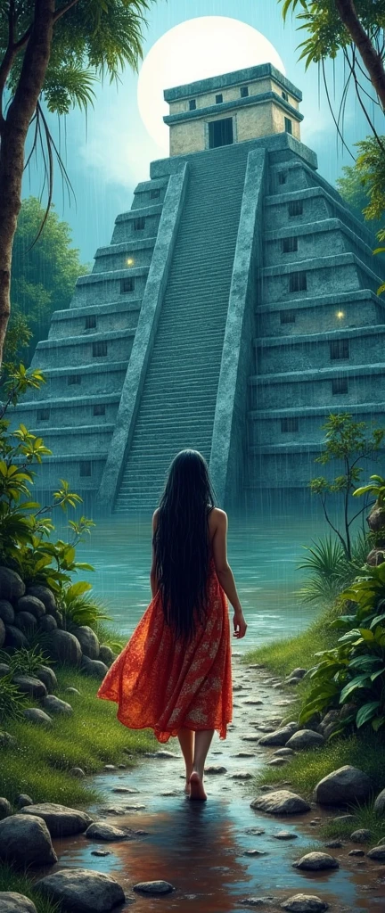 dynamic ink painting of a Mayan woman shaman, walking away from the pyramid, great art, great sense of depth, ground level shot, the most beautiful temple in the world, jungle leaves shining through rainwater, moon\(pale blue\) with a light overcast, beautiful Mayan woman, full of wisdom looking straight into your eyes, (ancient mayan princess, noble, beautiful traditional Mayan clothes, beautiful long black hair\) looking straight at the camera, smiling ,raining softly, fireflies flying around, long distance shot,