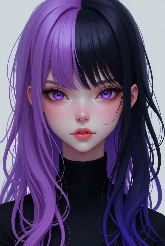 Boy with long, two-tone hair, left side purple and right side black, effeminate male face