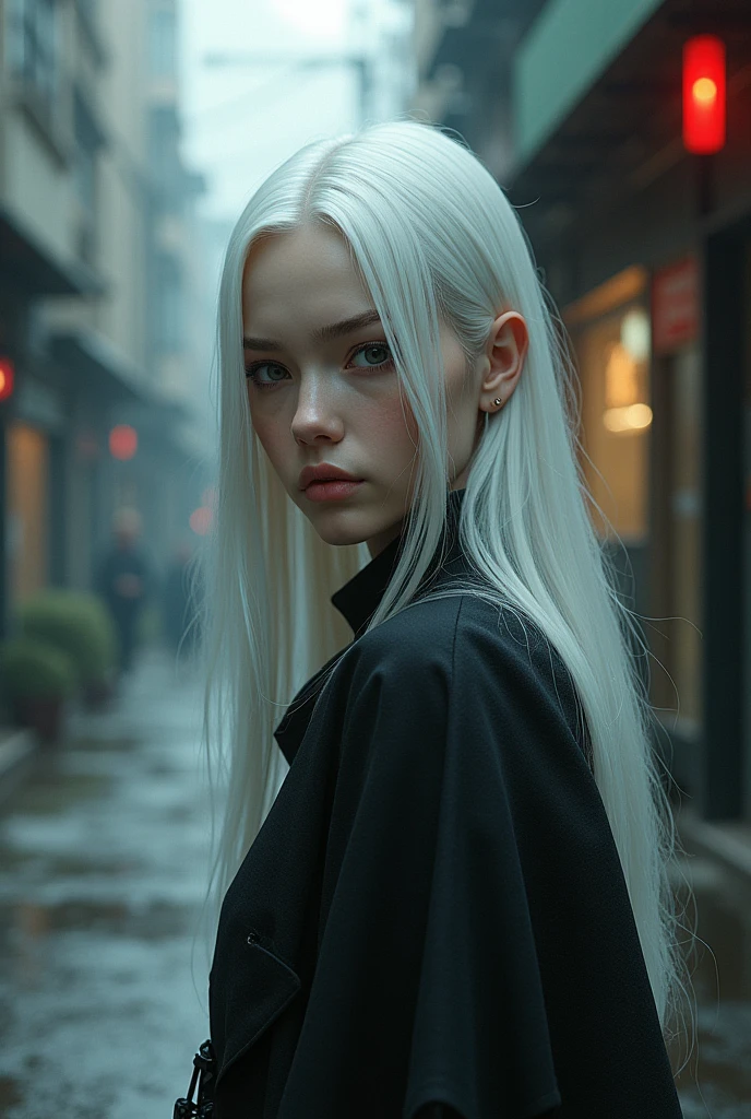 White girl long white hair 1 sic-fi arcane style lower middle class black eyes straight hair