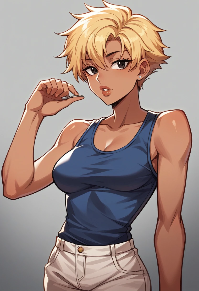 {Image 4K}, 1 Beautiful Brazilian woman, 1, short blonde hair slicked back, tanned skin,big, round, dark eyes, tetas grandes, wide lips, 1 taupe, ssmile, wear a tank top (white), background city (flou), simple ssmile, Linear Manga (with colors), {juste une photo du visage et de la poitrine}, {Centered image}