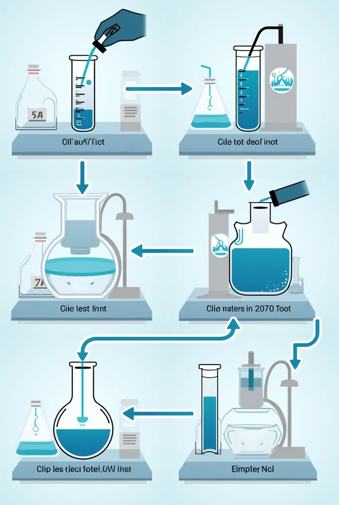 Make a picture flowchart for a chemistry script: pipette placing 50 mL of common gasoline in a 100 mL test tube and filling it with a solution that is in a NaCl Becker, test tube at rest showing the difference in colors between gasoline and water and ethanol that were associated considering that the separation was within the legislation where the volume of ethanol was a maximum of 25%
