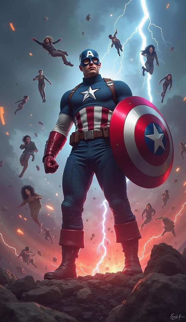 Depict Captain America at the center of a chaotic temporal paradox, with his shield raised defensively as time begins to unravel around him. The environment fractures into shards of different timelines, reflecting key moments from his life. Captain America stands firm, his expression a mix of shock and determination, while temporal versions of himself appear out of sync. The sky splits into different times of day, with lightning and energy arcs connecting the fragments. The atmosphere is tense, with reality tearing apart, and Captain America bracing against the overwhelming force of the paradox forming around him