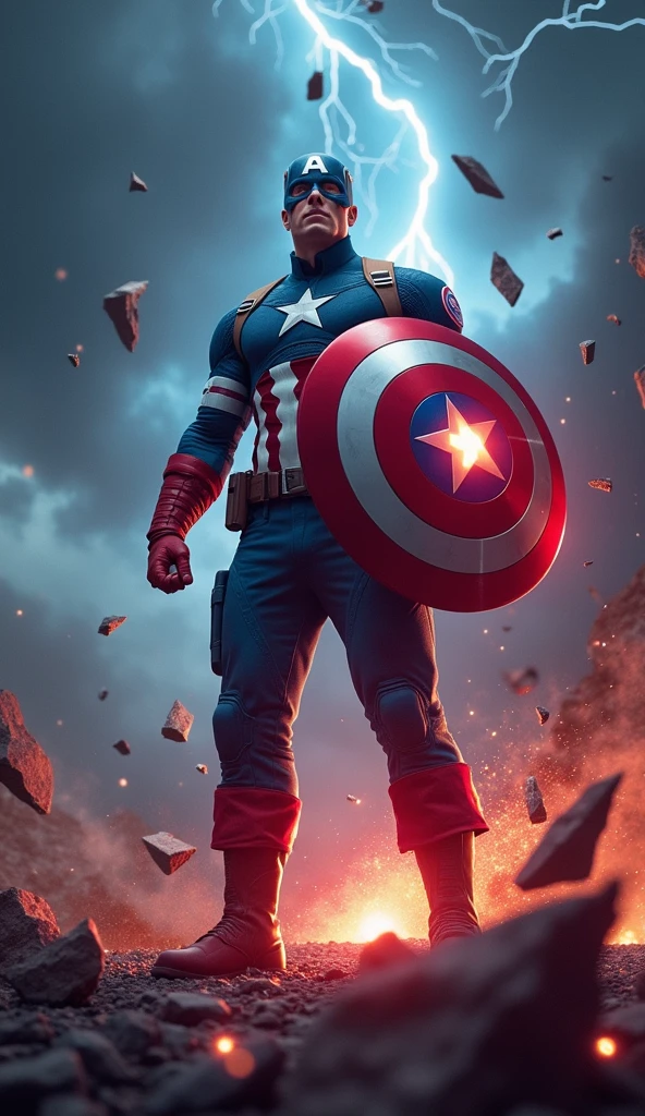 Depict Captain America at the center of a chaotic temporal paradox, with his shield raised defensively as time begins to unravel around him. The environment fractures into shards of different timelines, reflecting key moments from his life. Captain America stands firm, his expression a mix of shock and determination, while temporal versions of himself appear out of sync. The sky splits into different times of day, with lightning and energy arcs connecting the fragments. The atmosphere is tense, with reality tearing apart, and Captain America bracing against the overwhelming force of the paradox forming around him
