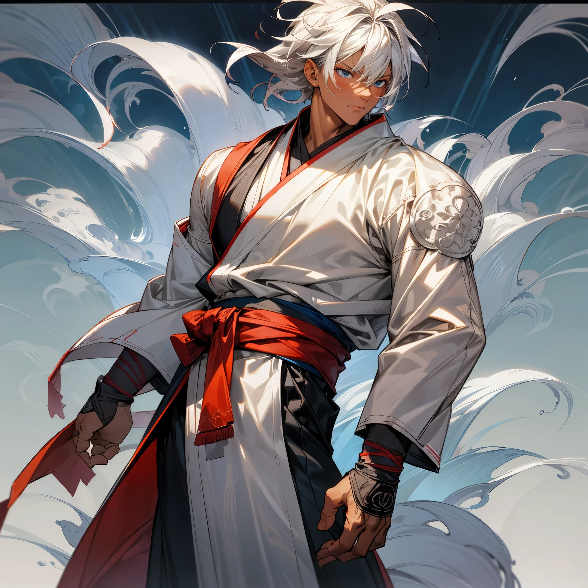 1male , dark skin, adult, finely detailed blue eyes, muscular build, modern undercut, medium messy hair, white hair, fitted sleeves, white yukata with reg swirls, red sash, ninja clothing, serious experssion, forest background, standing on path