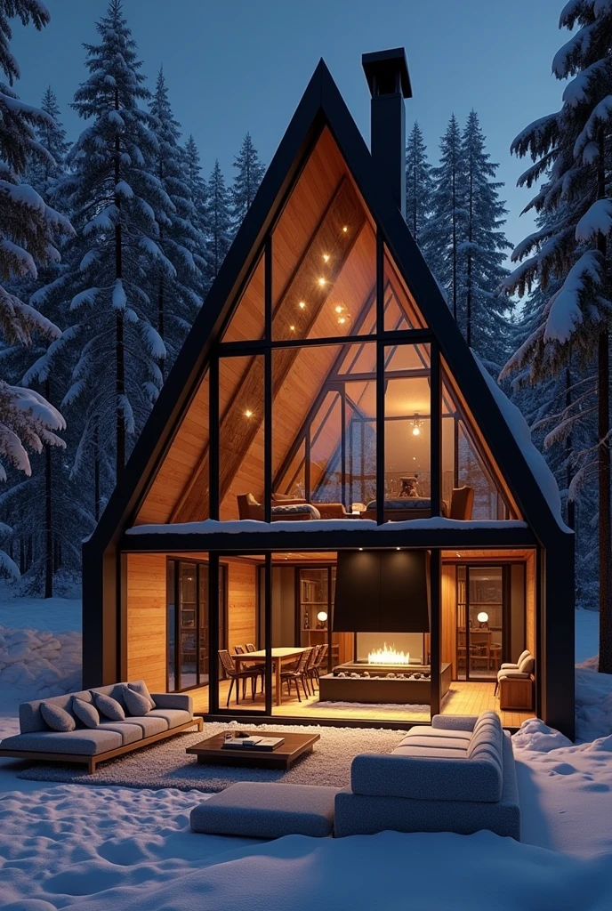 create a photo taken from the inside out of a large, modern chalet made of iron and glass in the middle of the snow at night with warm white LED lighting, large carpet in the living room, sofa with towel fabric, minimalist style with neoclassical and modern industrial triangular fireplace. dark at night outside
