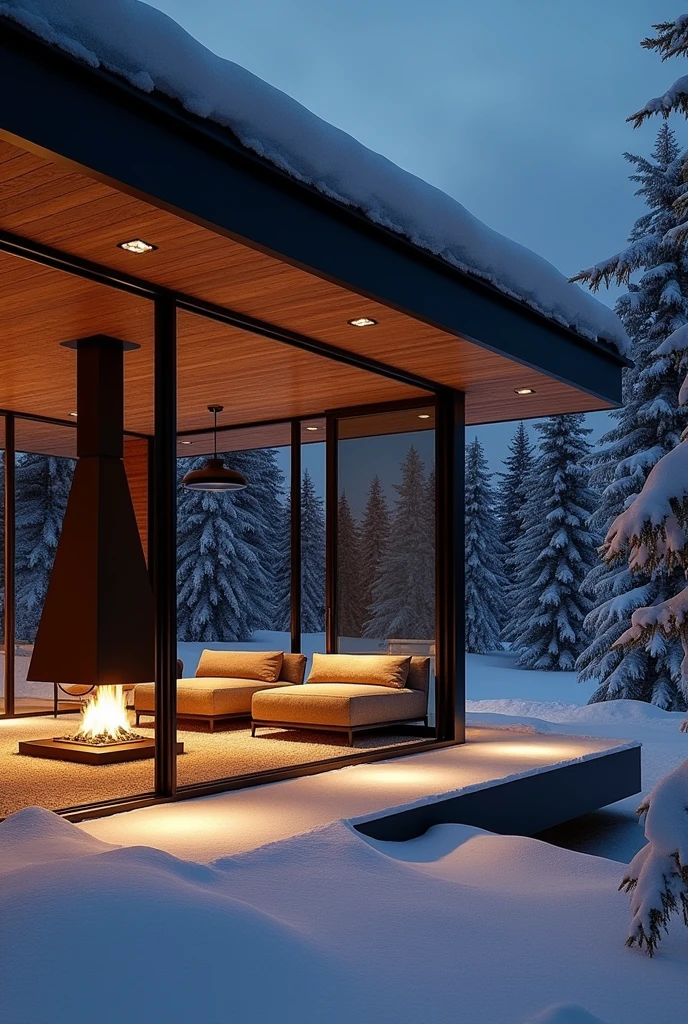 create a photo taken from the inside out of a large, modern chalet made of iron and glass in the middle of the snow at night with warm white LED lighting, large carpet in the living room, sofa with towel fabric, minimalist style with neoclassical and modern industrial triangular fireplace. dark at night outside