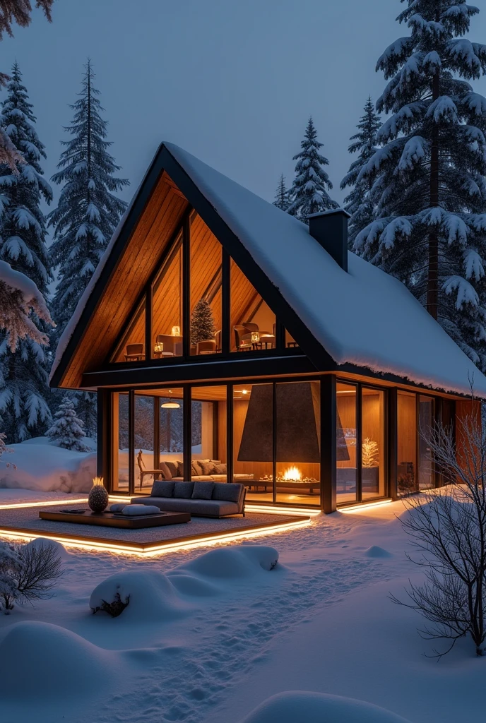 create a photo taken from the inside out of a large, modern chalet made of iron and glass in the middle of the snow at night with warm white LED lighting, large carpet in the living room, sofa with towel fabric, minimalist style with neoclassical and modern industrial triangular fireplace. dark at night outside