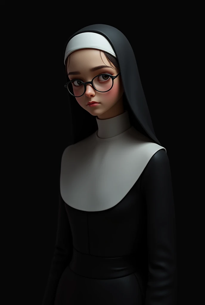 a young woman, 2, wearing glasses and dressed as a nun, slightly worried face, black background, full body