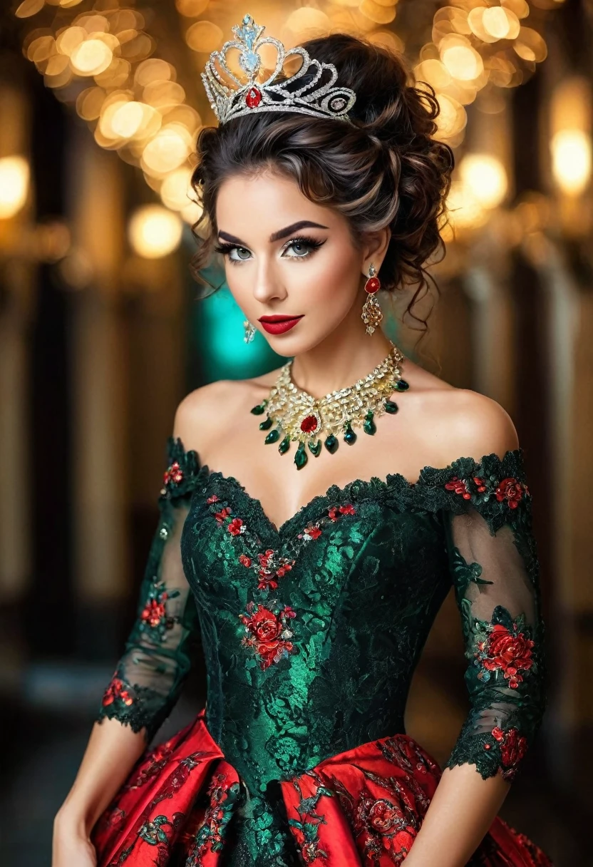 Ultra-real photo of beautiful woman, full body photo, green eyes, detailed eyelashes and eyebrows, red mouth, glow on face, long black curly hair tied on one side of head, tiara, jewelry ornament, wearing black floral dress red sexy and sloppy appearance, bright colors, intricate details of her beautiful eyes and perfect face, intricate detailed colorful fractal background of the steam room, analog photo style, bokeh, vintage, faded colors