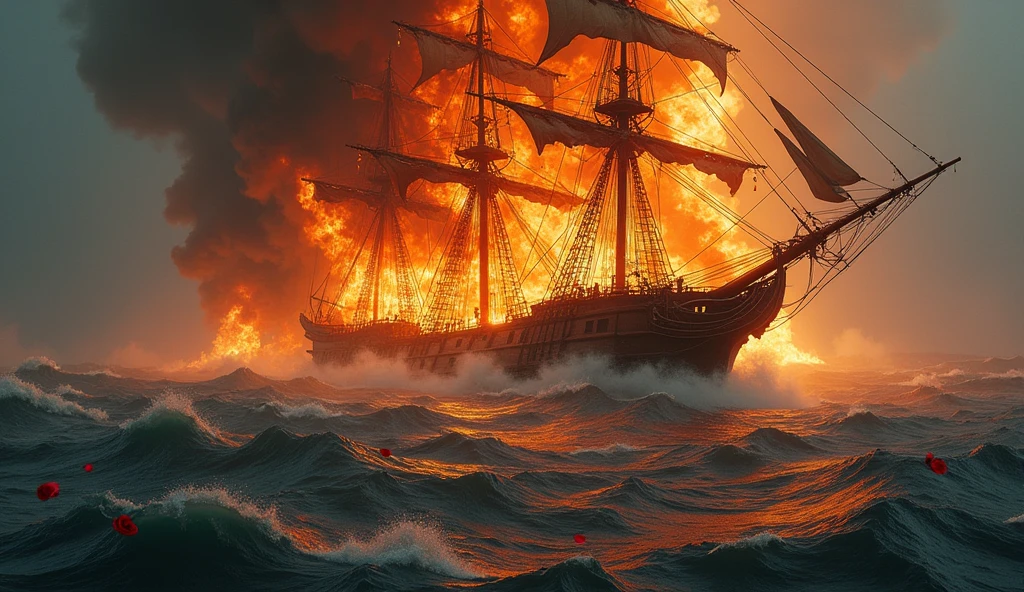 1500; (masterpiece, best quality) destroyed sea; big pirate ship sinking; fire everywhere; Red roses falling into the sea.