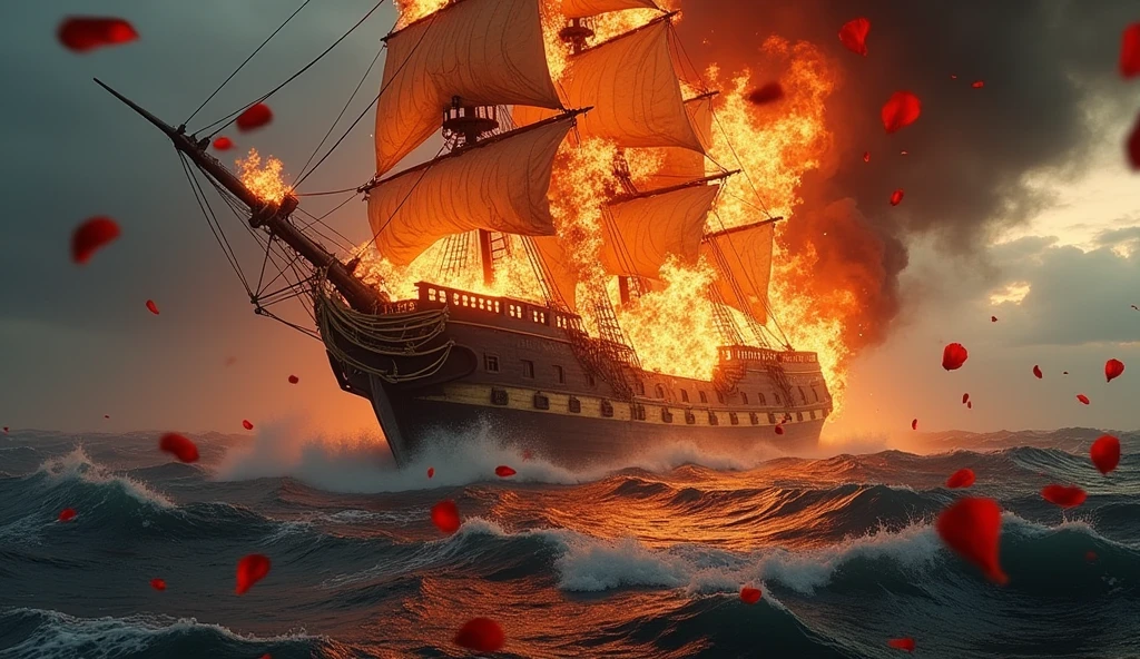 1500; (masterpiece, best quality) destroyed sea; big pirate ship sinking; fire everywhere; Red roses falling into the sea.