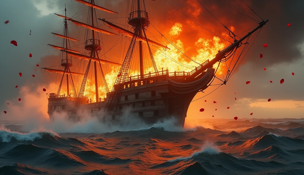 1500; (masterpiece, best quality) destroyed sea; big pirate ship sinking; fire everywhere; Red roses falling into the sea.