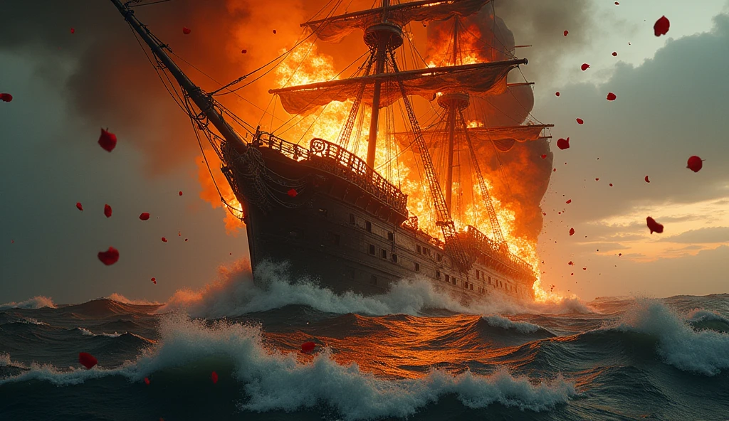 1500; (masterpiece, best quality) destroyed sea; big pirate ship sinking; fire everywhere; Red roses falling into the sea.