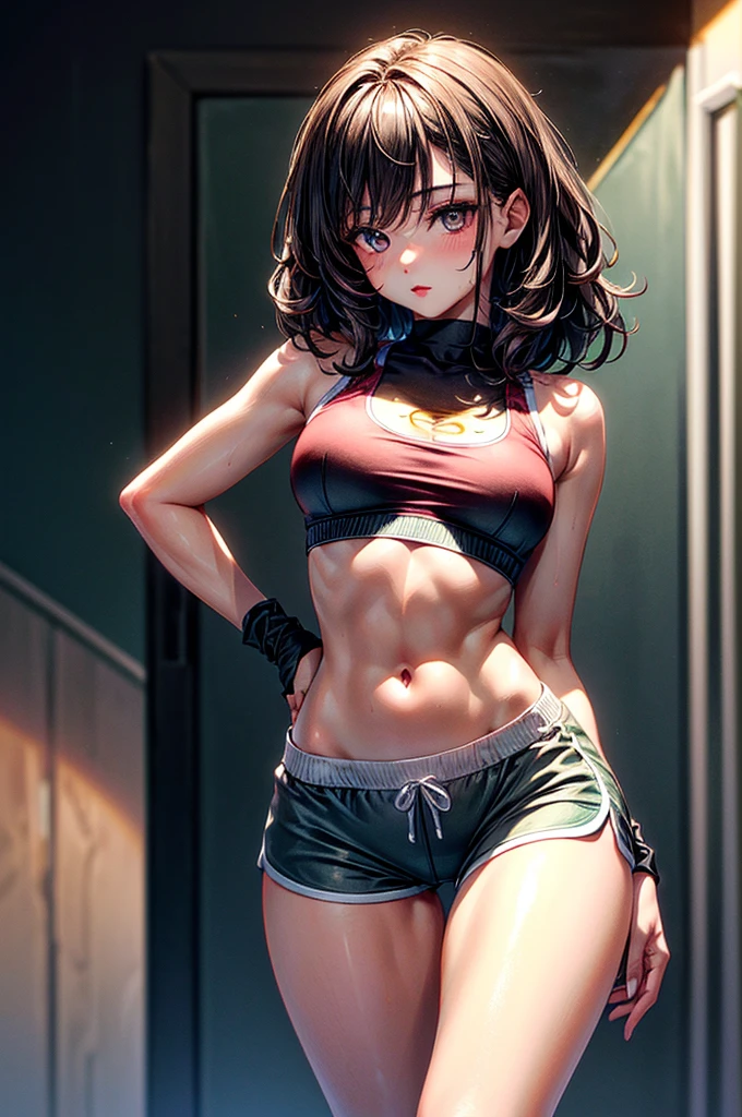 ((highest quality)),(ultra high resolution),(Super detailed), (best work of art), (1 young girl:1.5), beautiful and well-shaped face:1.5,(Beautiful skin with precise and detailed depiction:1.6),(sports bra and waist band nylon shorts ),gorgeous, masterpiece, best quality, high-resolution, finely detailed, extremely detailed and beautiful, distinct-image, hourglass figure,, 1 girl, 1 teenager, solo, sharp facial features, oval shaped face. cherry red lips,. velvet-colored eyes, C-cup breasts, tall height(175cm), slim curves, toned body type, flowing waist length ink-black dark violet hair, small narrow waist, long and slender legs, curvy wide hips, modern athletic setting, lightly tanned white skin