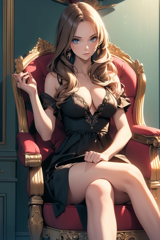(Highest quality,4K,High resolution,masterpiece:1.2), (Very detailed), (Slender beauty)(Age 27)Sitting with legs crossed,Full body,Sexy Dress,