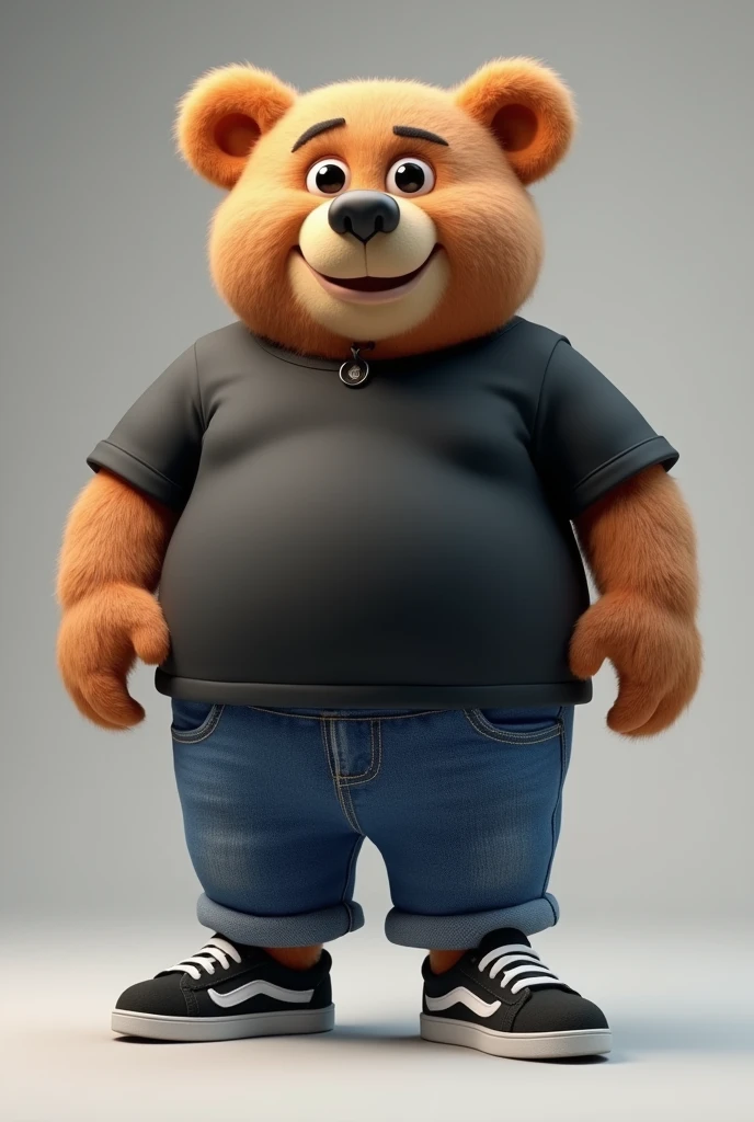 3D illustration of a chubby teddy bear dressed in a black shirt and jeans, black sneakers with white details, bald with hair on the sides, nerdy, middle-aged, with a friendly face, in 4K.