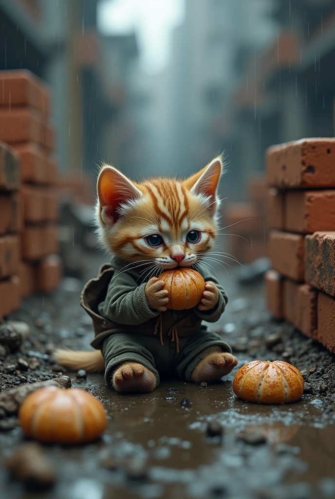 A kitten wearing ragged clothes with a crying expression sitting on a construction site eating steamed buns with neatly arranged bricks behind it.下雨天 Concept Artistry, reflects an imaginative and surreal environment., Energetic, photo, Concept Art, 3D Rendering