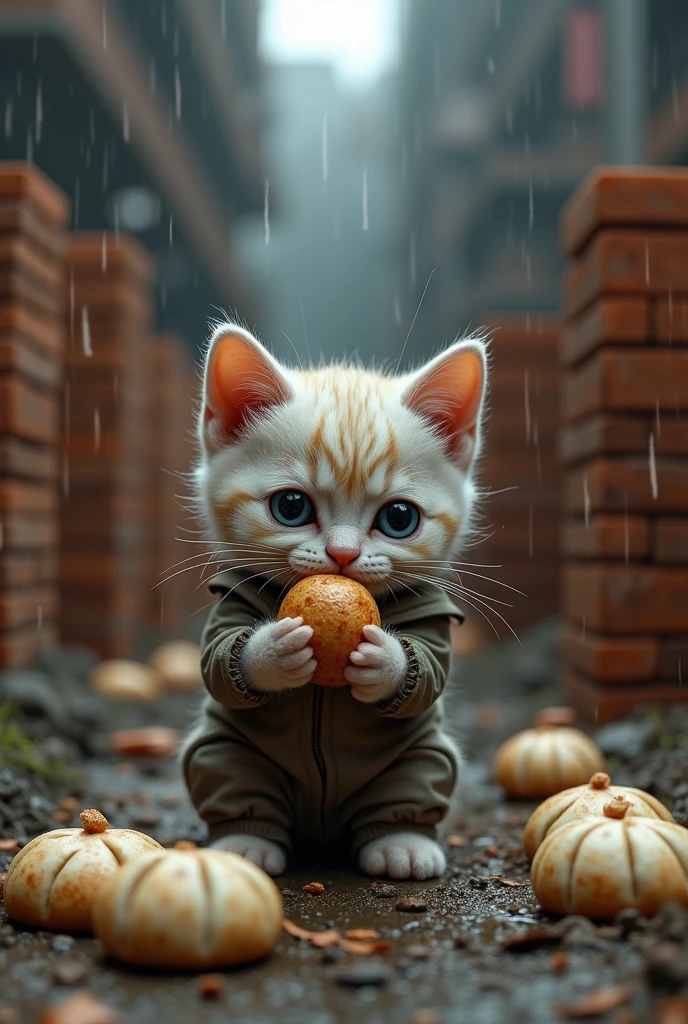 A kitten wearing ragged clothes with a crying expression sitting on a construction site eating steamed buns with neatly arranged bricks behind it.下雨天 Concept Artistry, reflects an imaginative and surreal environment., Energetic, photo, Concept Art, 3D Rendering