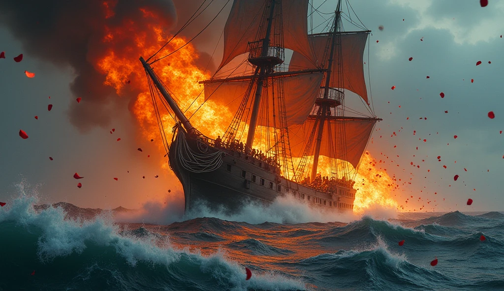 2024; (masterpiece, best quality) destroyed sea; big pirate ship sinking; fire everywhere; Red roses falling into the sea.