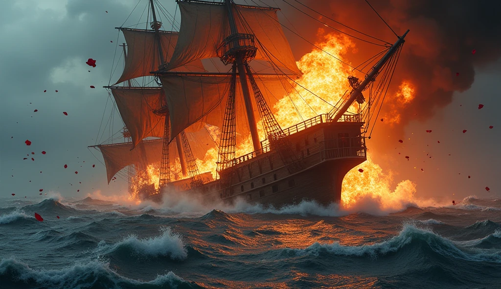 2024; (masterpiece, best quality) destroyed sea; big pirate ship sinking; fire everywhere; Red roses falling into the sea.