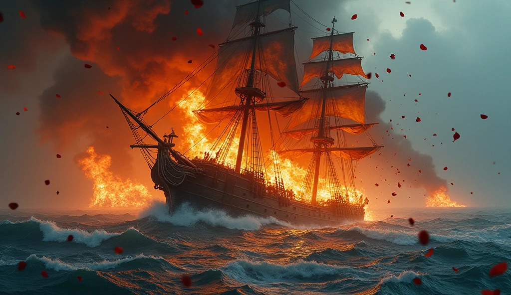 2024; (masterpiece, best quality) destroyed sea; big pirate ship sinking; fire everywhere; Red roses falling into the sea.